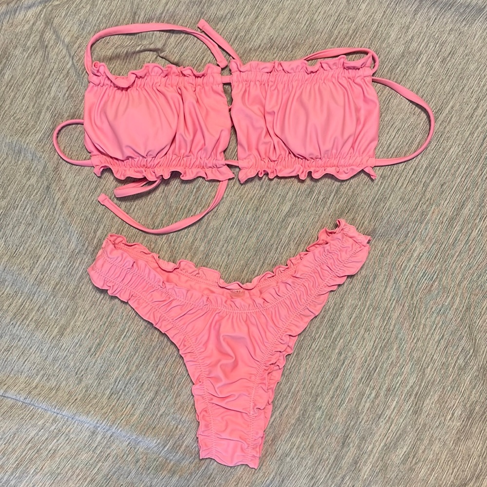 Ruched Lettuce Trim Bikini Swimsuit